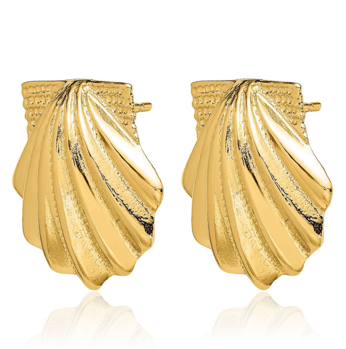 14K Solid Yellow Gold Scallop Shell Stud Earrings