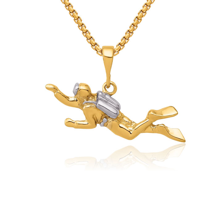 14K Solid Yellow Gold Scuba Diver Necklace Chain Pendant Charm
