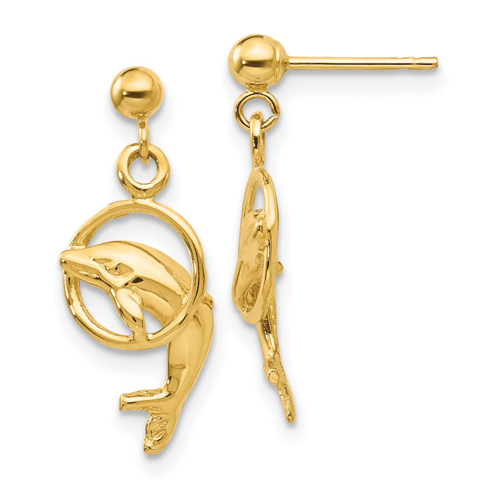 14K Solid Yellow Gold Sea Dolphin Ocean Fish Beach Nautical Drop Dangle Earrings