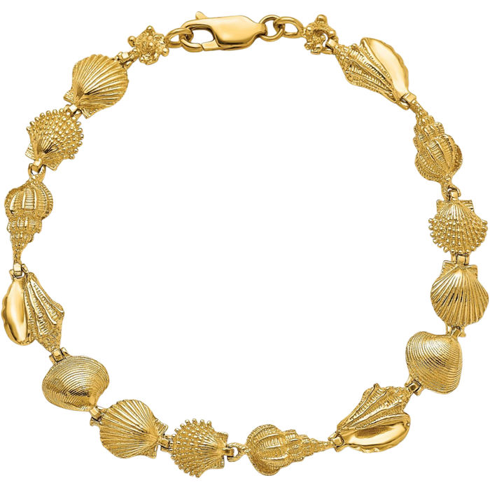 14K Solid Yellow Gold Sea Shells Chain Charm Bracelet