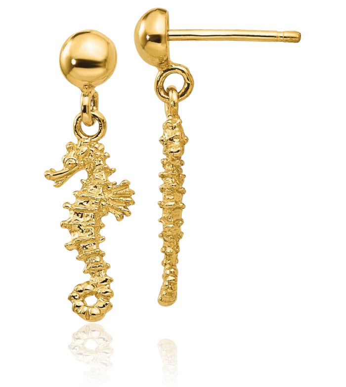 14K Solid Yellow Gold Seahorse Drop Dangle Earrings