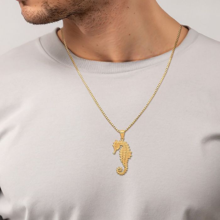 14K Solid Yellow Gold Seahorse Pendant Necklace