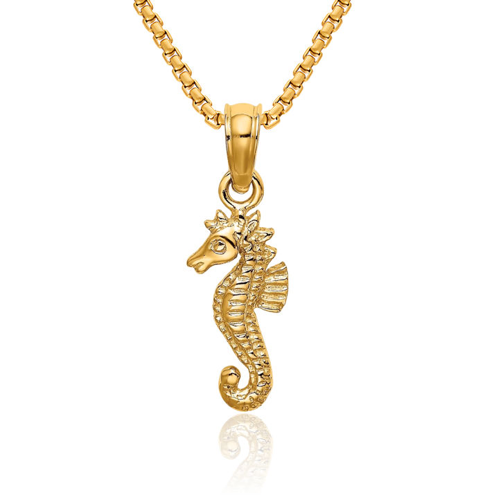 14K Solid Yellow Gold Seahorse Necklace Chain Pendant Charm