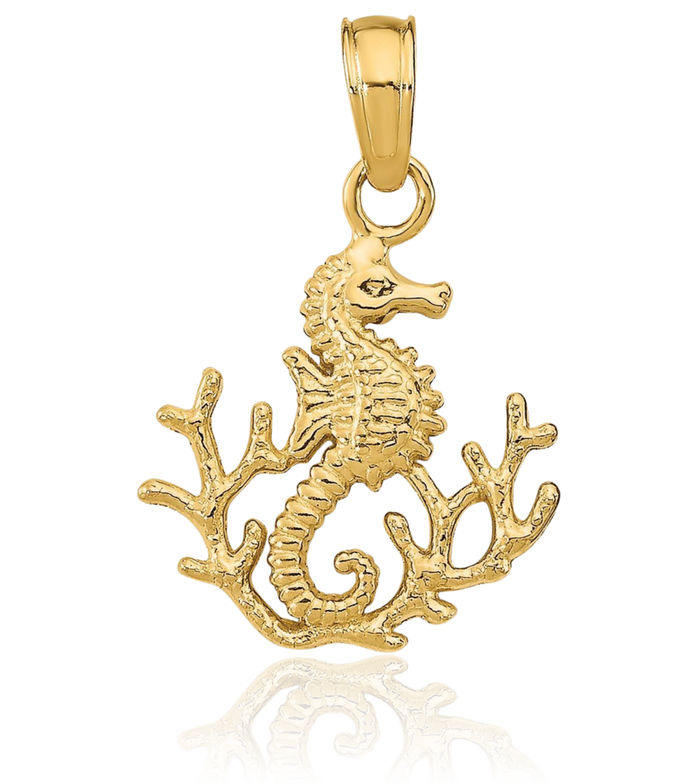 14K Solid Yellow Gold Seahorse Necklace Chain Pendant Charm