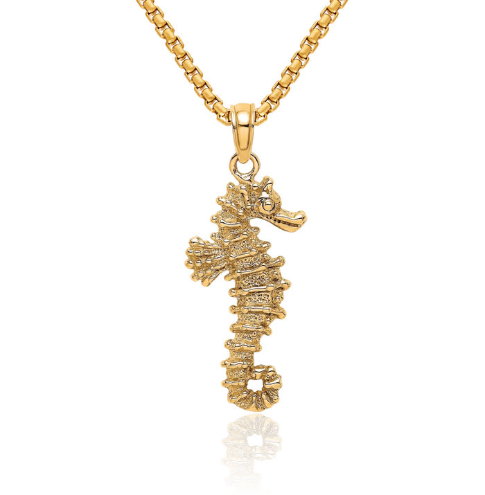 14K Solid Yellow Gold Seahorse Necklace Chain Pendant Charm