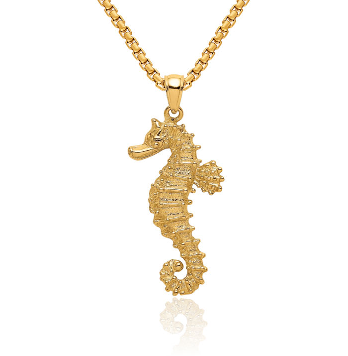 14K Solid Yellow Gold Seahorse Necklace Chain Pendant Charm