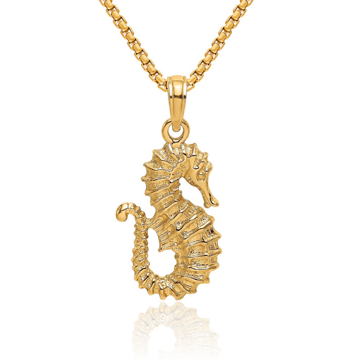 14K Solid Yellow Gold Seahorse Necklace Chain Pendant Charm