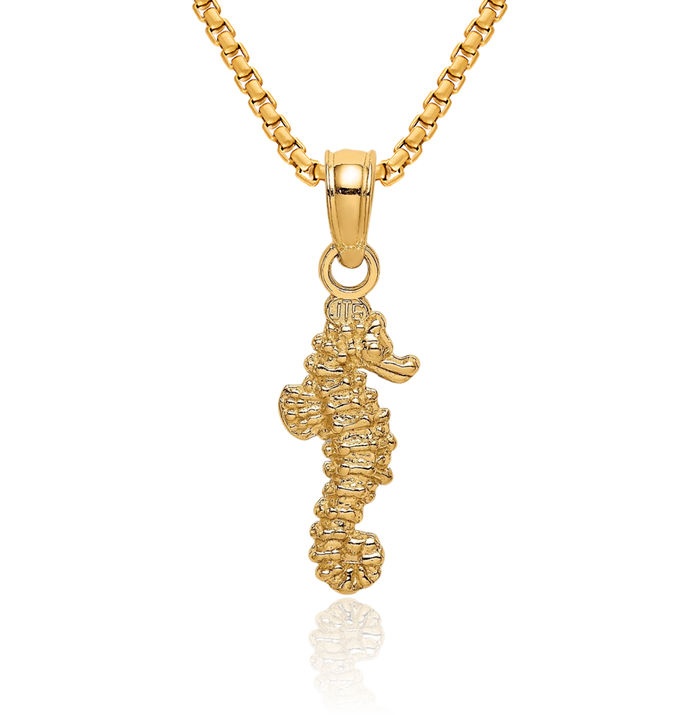 14K Solid Yellow Gold Seahorse Necklace Chain Pendant Charm