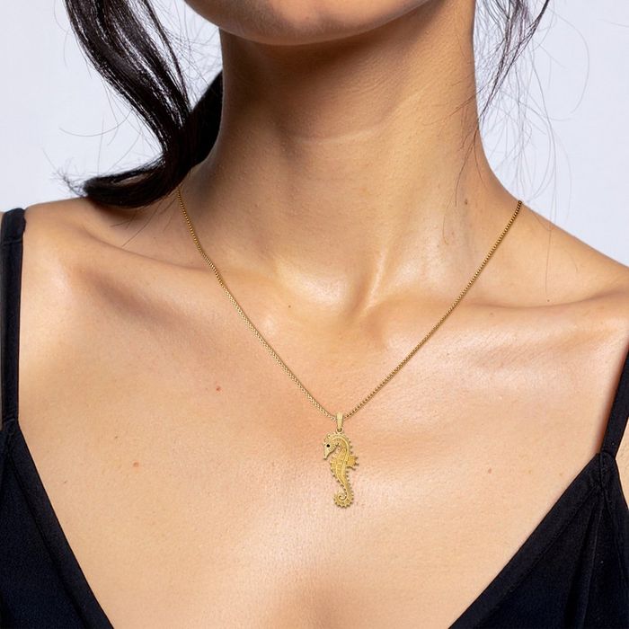 14K Solid Yellow Gold Seahorse Pendant Necklace