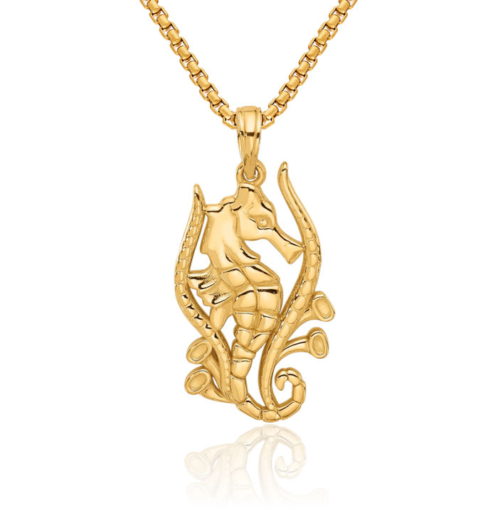 14K Solid Yellow Gold Seahorse Necklace Chain Pendant Charm