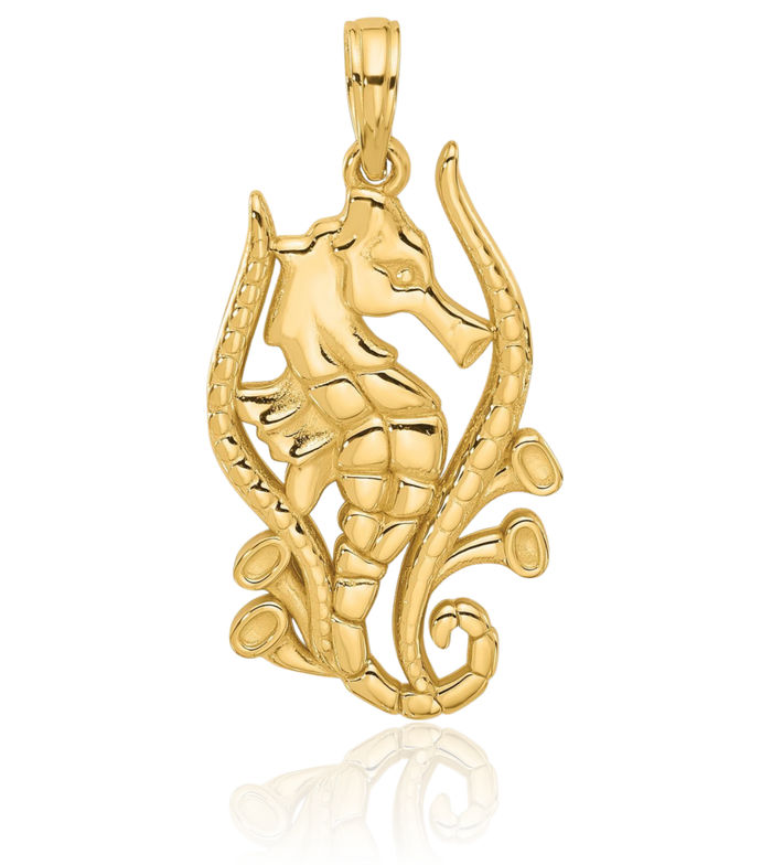 14K Solid Yellow Gold Seahorse Necklace Chain Pendant Charm