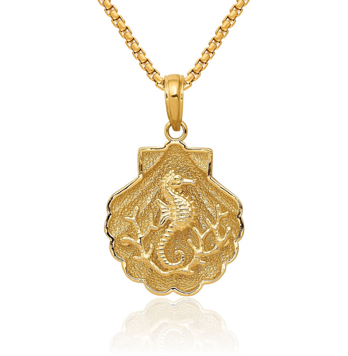 14K Solid Yellow Gold Seahorse Shell Necklace Chain Pendant Charm