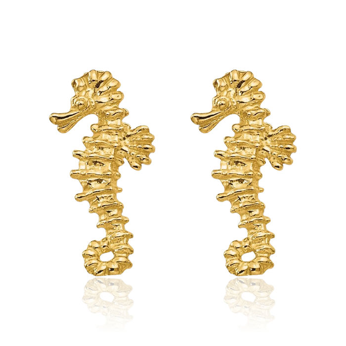 14K Solid Yellow Gold Seahorse Stud Earrings