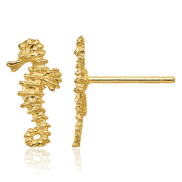 14K Solid Yellow Gold Seahorse Stud Earrings