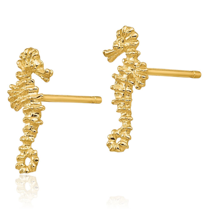 14K Solid Yellow Gold Seahorse Stud Earrings