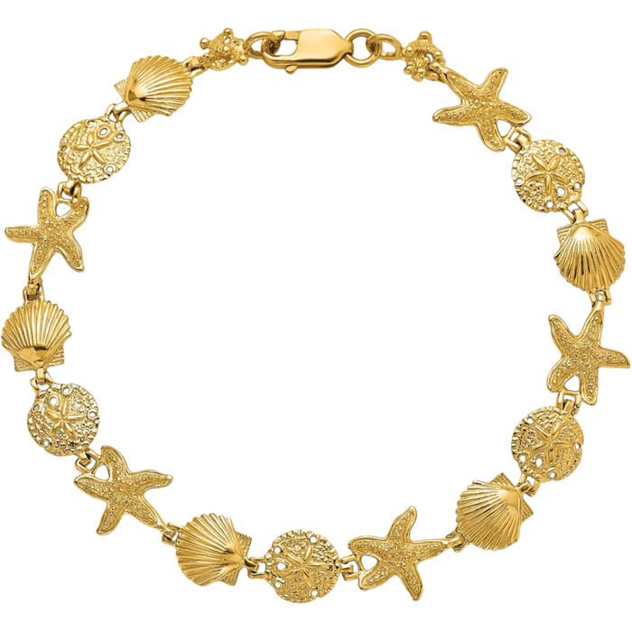 14K Solid Yellow Gold Seashell Chain Charm Bracelet