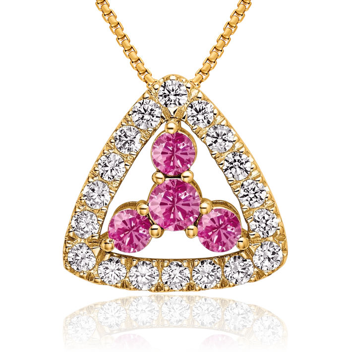 14K Solid Yellow Gold Serenity Lab Diamond Pink Sapphire Triangle Necklace Gemstone Pendant Charm