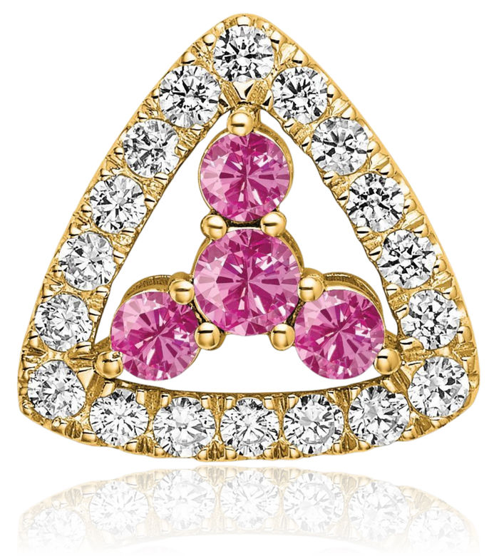 14K Solid Yellow Gold Serenity Lab Diamond Pink Sapphire Triangle Necklace Gemstone Pendant Charm