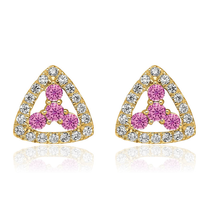 14K Solid Yellow Gold Serenity Lab Diamond Pink Sapphire Triangle Studs Gemstone Earrings October Birthstone Jewelry