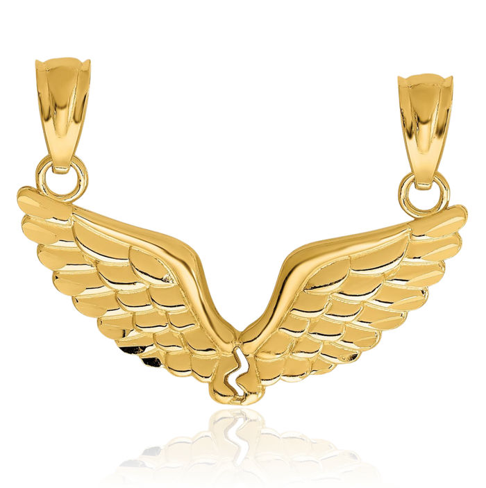 14K Solid Yellow Gold Set Break-apart Guardian Angel Wings Pendants Necklace Chain Pendant Charm