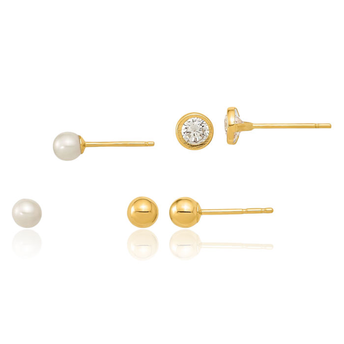 14K Solid Yellow Gold Set of Ball Post Pearl Cubic Zirconia CZ 3 Pair Stud Earrings