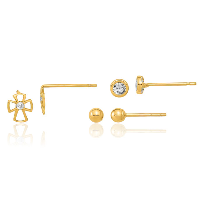 14K Solid Yellow Gold Set of Ball Post Cross Cubic Zirconia CZ 3 Pair Stud Earrings