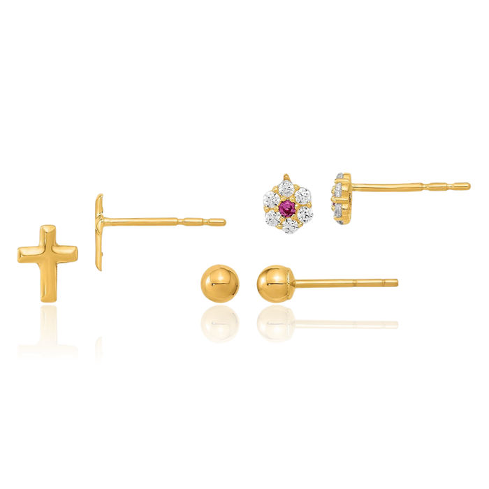 14K Solid Yellow Gold Set of Ball Post Cubic Zirconia CZ Flowers Cross 3 Pair Stud Earrings