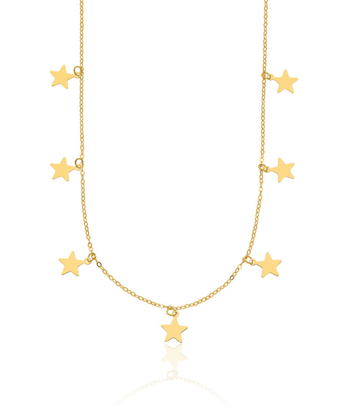 14K Solid Yellow Gold Seven Dangling Stars Necklace Chain