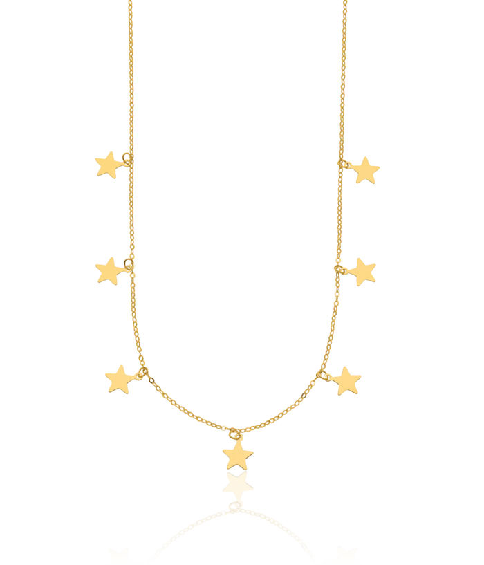 14K Solid Yellow Gold Seven Dangling Stars Necklace Chain