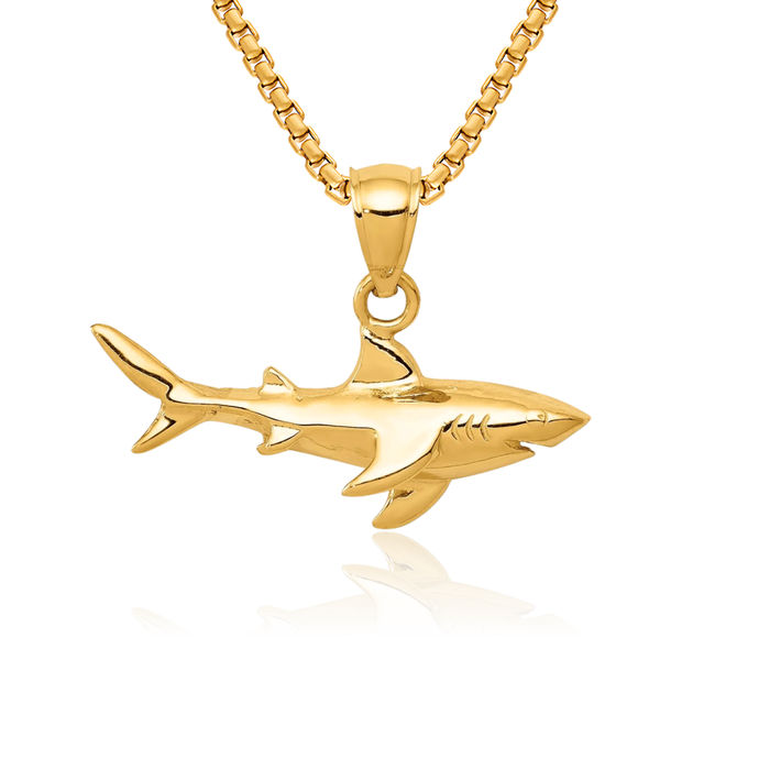 14K Solid Yellow Gold Shark Necklace Chain Pendant Charm