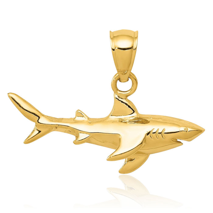 14K Solid Yellow Gold Shark Necklace Chain Pendant Charm