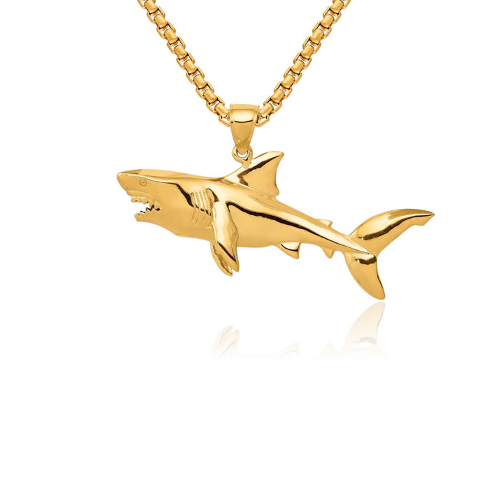 14K Solid Yellow Gold Shark Necklace Chain Pendant Charm