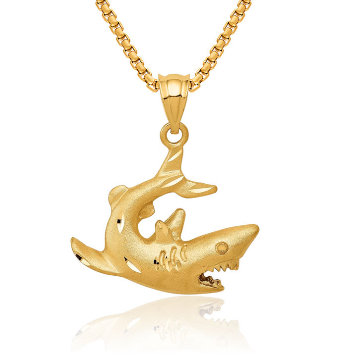 14K Solid Yellow Gold Shark Necklace Chain Pendant Charm