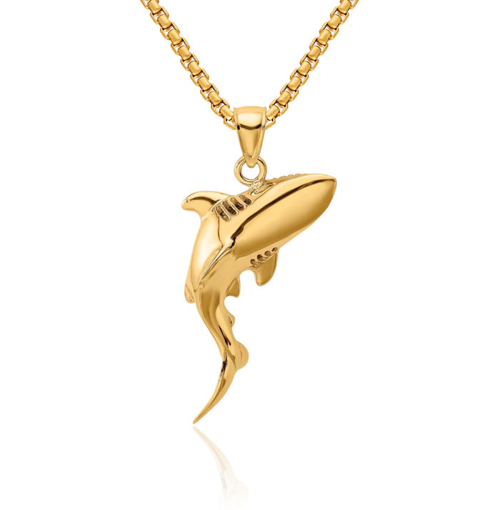 14K Solid Yellow Gold Shark Necklace Chain Pendant Charm