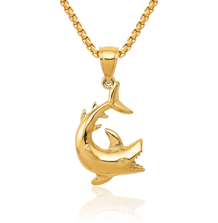 14K Solid Yellow Gold Shark Necklace Chain Pendant Charm