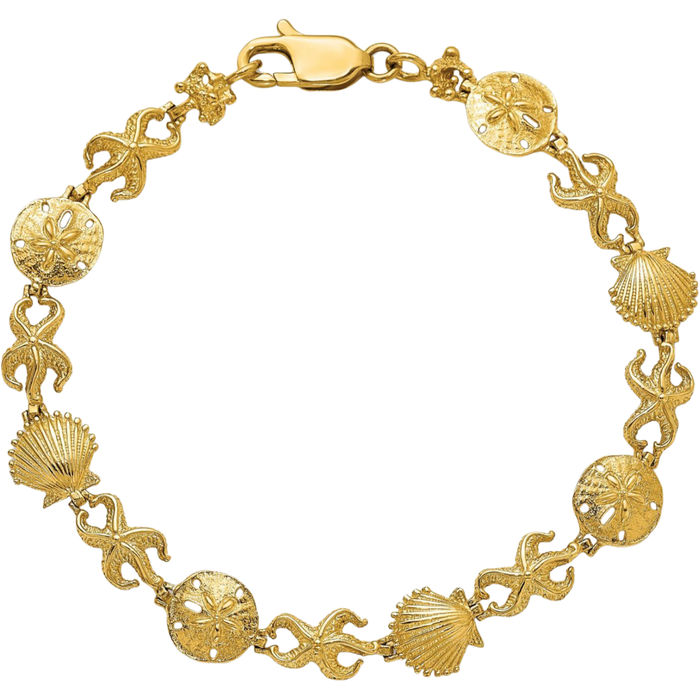 14K Solid Yellow Gold Shell Sand Dollar Sea Star Starfish Chain Charm Bracelet