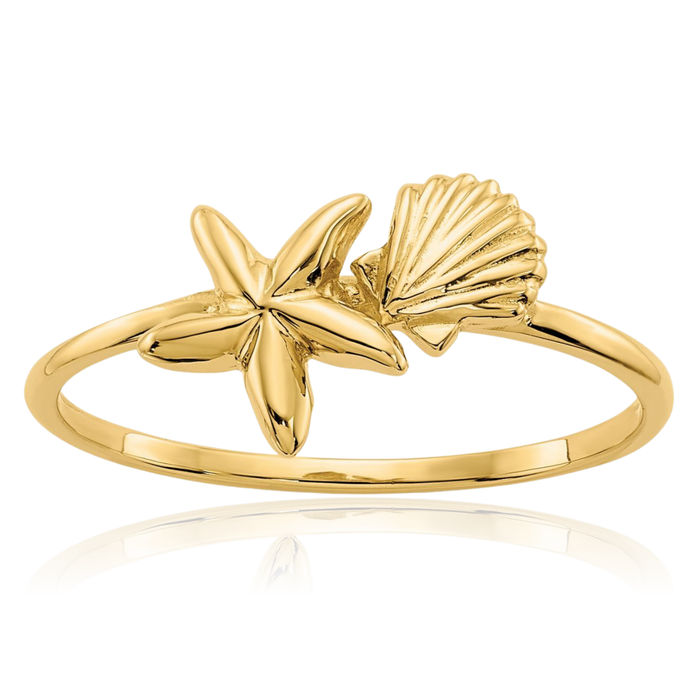 14K Solid Yellow Gold Shell Starfish Ring