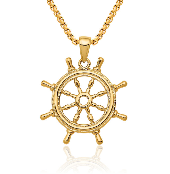 14K Solid Yellow Gold Ships Wheel Necklace Chain Pendant Charm