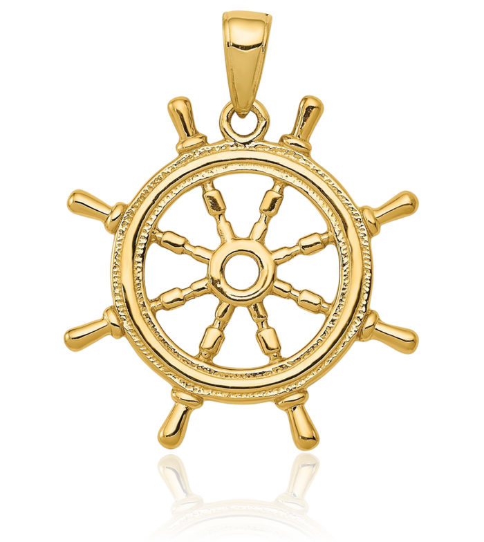 14K Solid Yellow Gold Ships Wheel Necklace Chain Pendant Charm