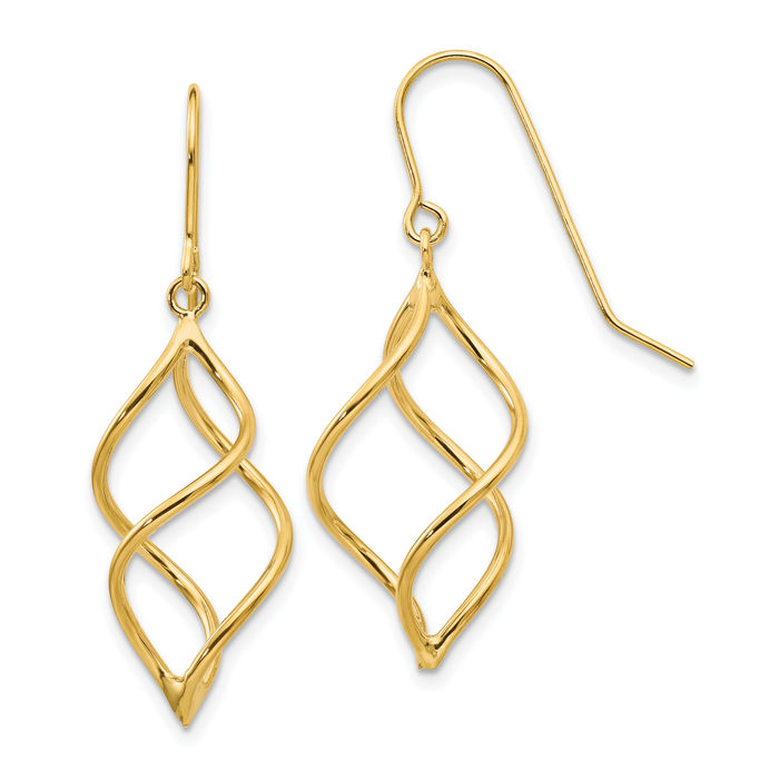 14K Solid Yellow Gold Short Twisted Drop Dangle Earrings