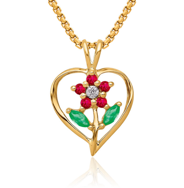 14K Solid Yellow Gold Siam Red Ruby Green Emerald Diamond Rose Flower Heart Necklace Gemstone Pendant Charm