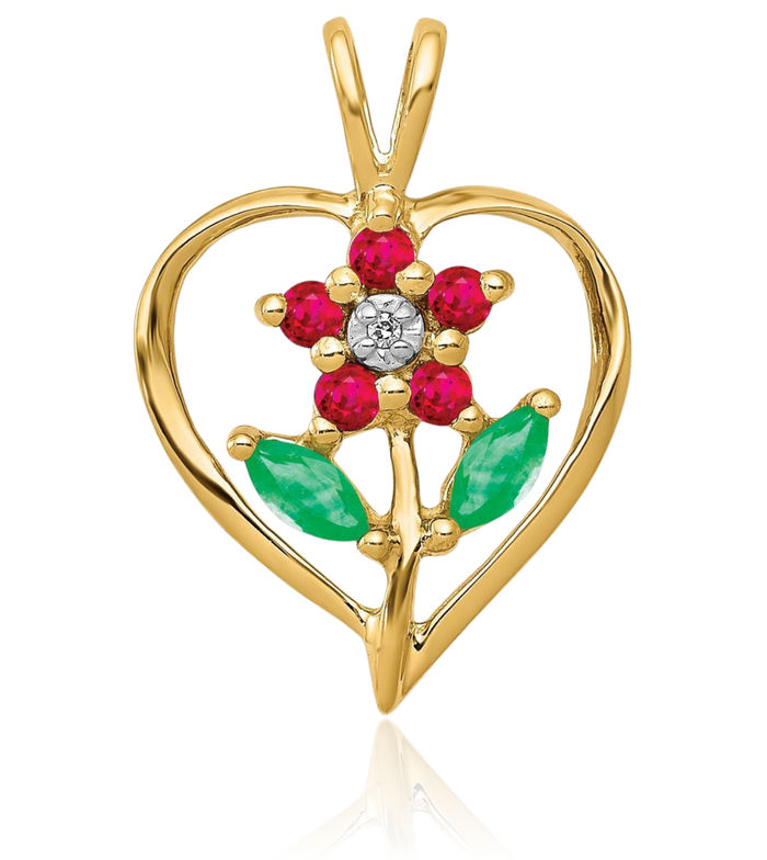 14K Solid Yellow Gold Siam Red Ruby Green Emerald Diamond Rose Flower Heart Necklace Gemstone Pendant Charm