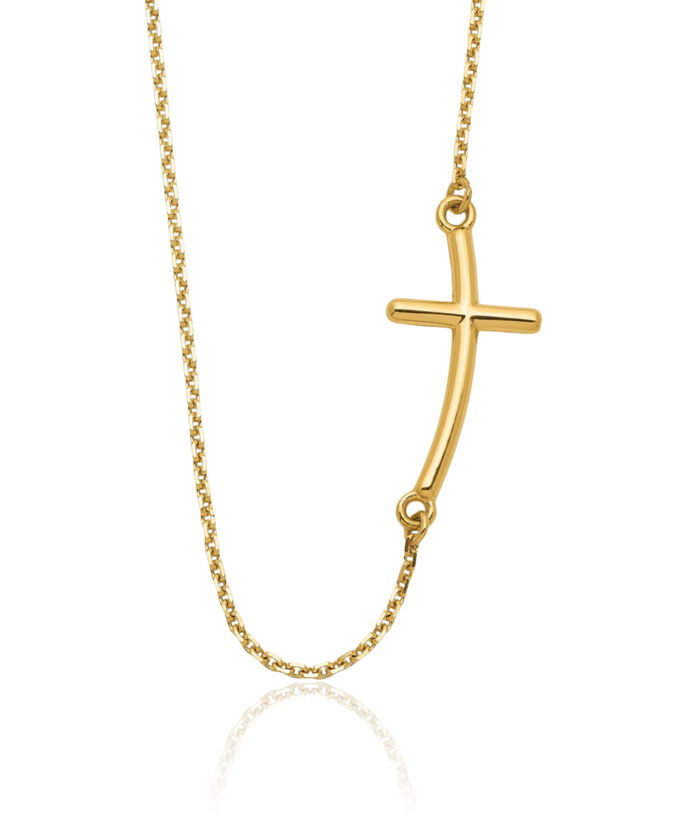 14K Solid Yellow Gold Sideways Holy Cross Chain Necklace