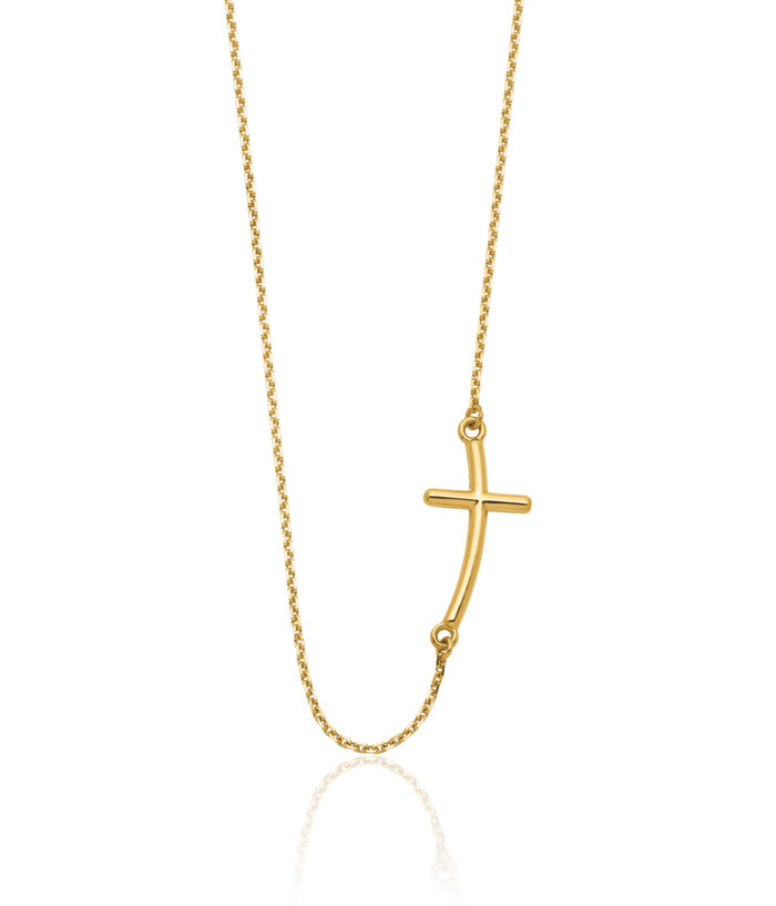 14K Solid Yellow Gold Sideways Holy Cross Chain Necklace