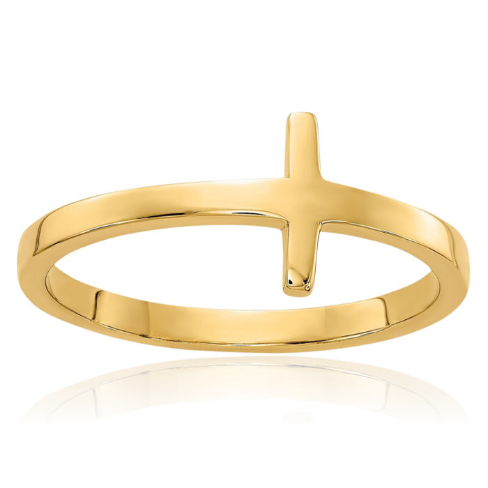 14K Solid Yellow Gold Sideways Holy Cross Ring Christian Religious Band