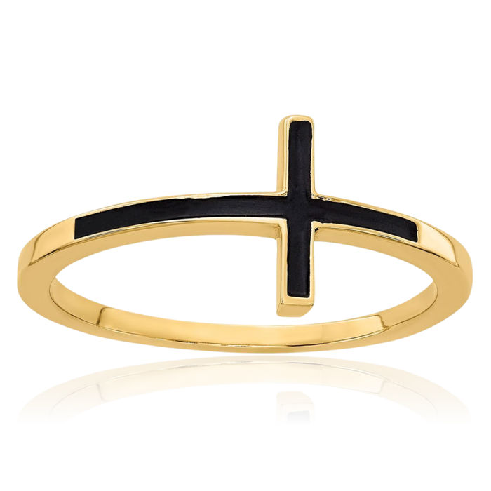 14K Solid Yellow Gold Vintage Sideways Holy Cross Ring Christian Religious Band