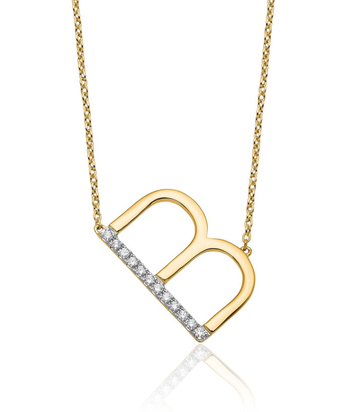 14K Solid Yellow Gold Sideways Diamond Dainty Letter B Initial Name Monogram Chain Necklace
