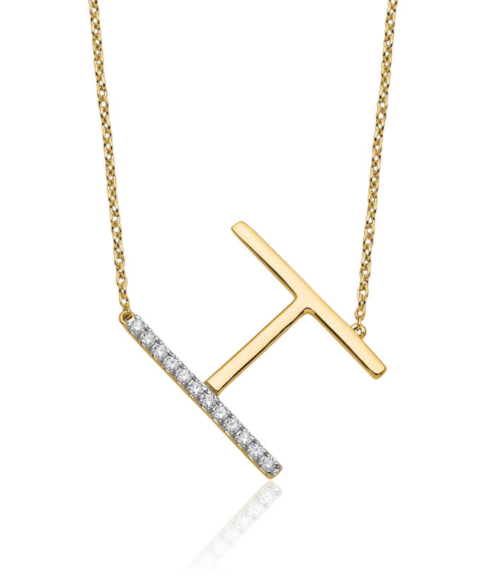14K Solid Yellow Gold Sideways Diamond Dainty Letter H Initial Name Monogram Chain Necklace