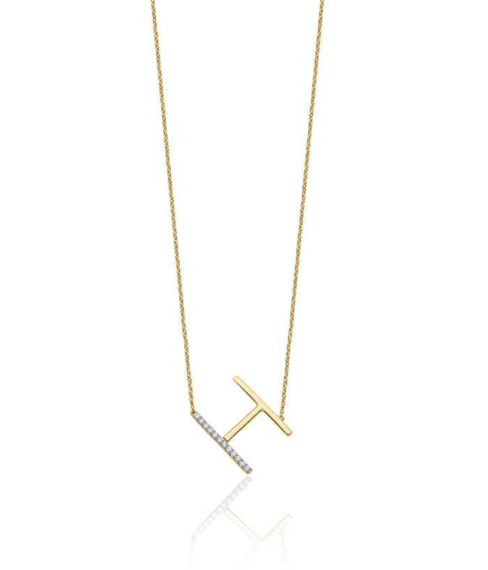 14K Solid Yellow Gold Sideways Diamond Dainty Letter H Initial Name Monogram Chain Necklace