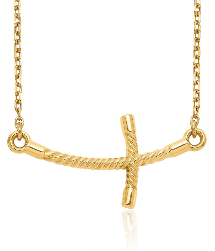 14K Solid Yellow Gold Sideways Twisted Holy Cross Chain Necklace